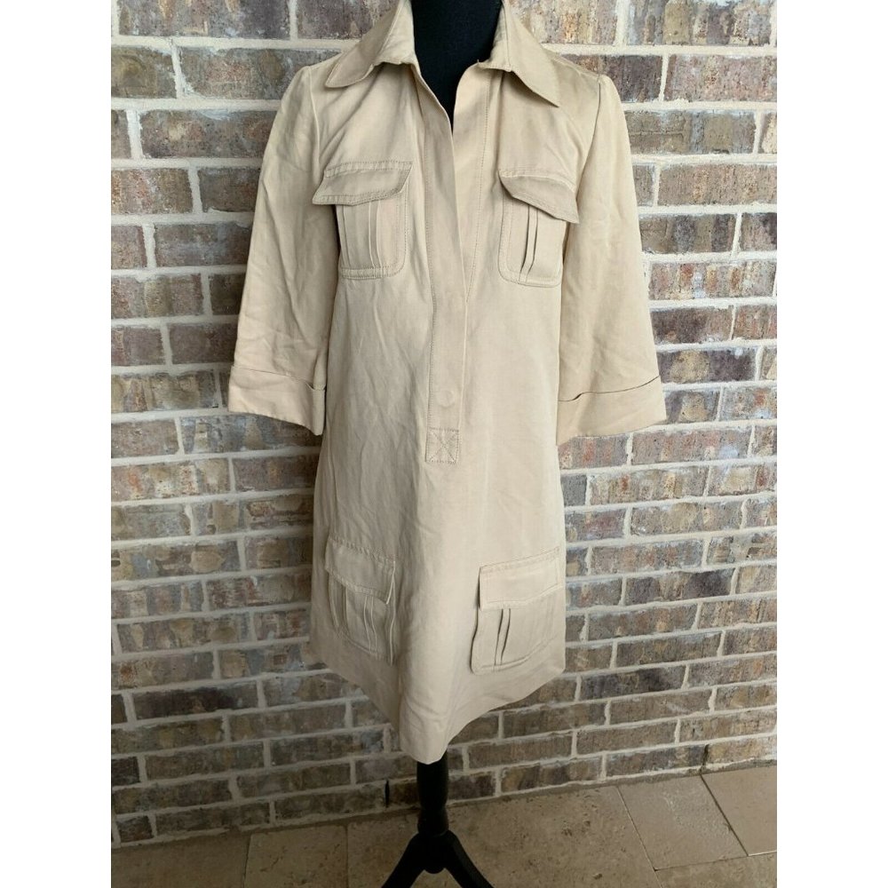 diane von furstenberg utility dress khaki tan color size 10 long sleeves pockets